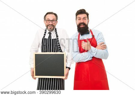 Partners Celebrate Start Up. Menu Planning. Happy Chef Team In Apron. Bearded Men With Blackboard, C