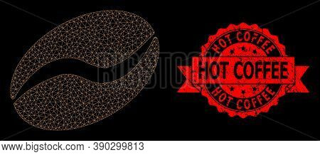 Mesh Network Cacao Bean On A Black Background, And Hot Coffee Textured Ribbon Seal Imitation. Red St