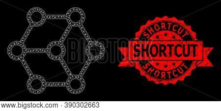 Mesh Network Blockchain On A Black Background, And Shortcut Textured Ribbon Seal Print. Red Stamp Se