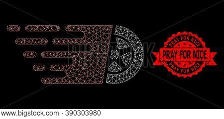 Mesh Network Car Wheel On A Black Background, And Pray For Nice Grunge Ribbon Stamp. Red Stamp Inclu