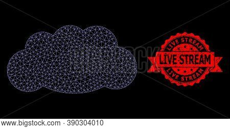 Mesh Polygonal Cloud On A Black Background, And Live Stream Corroded Ribbon Stamp. Red Stamp Seal Co