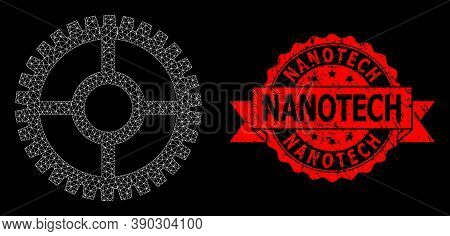 Mesh Net Clock Cog On A Black Background, And Nanotech Grunge Ribbon Seal. Red Seal Has Nanotech Tag