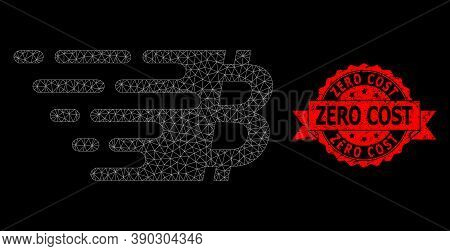 Mesh Polygonal Bitcoin Symbol On A Black Background, And Zero Cost Rubber Ribbon Seal. Red Seal Incl