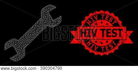 Mesh Polygonal Wrench On A Black Background, And Hiv Test Rubber Ribbon Seal Imitation. Red Seal Has