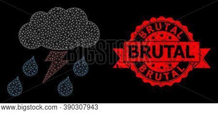Mesh Polygonal Thunderstorm On A Black Background, And Brutal Unclean Ribbon Stamp. Red Stamp Contai