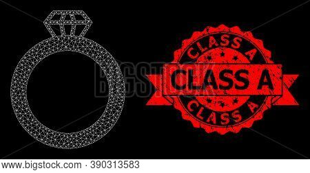 Mesh Net Gem Ring On A Black Background, And Class A Grunge Ribbon Seal. Red Seal Contains Class A T