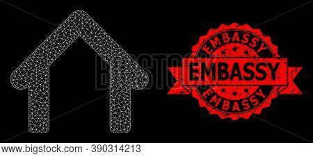 Mesh Polygonal Garage On A Black Background, And Embassy Unclean Ribbon Stamp Seal. Red Stamp Includ