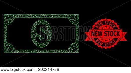 Mesh Net Usd Banknote On A Black Background, And New Stock Grunge Ribbon Seal Imitation. Red Stamp S