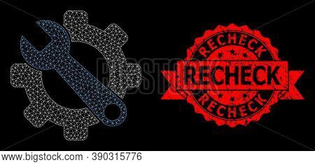 Mesh Web Service Tools On A Black Background, And Recheck Rubber Ribbon Seal Print. Red Seal Contain