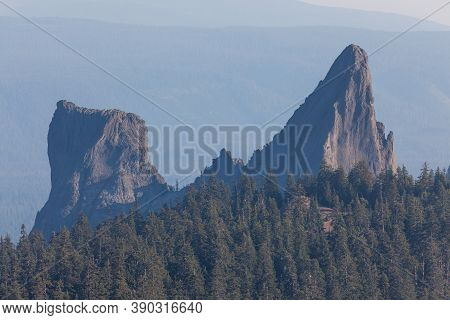 An Ancient Volcanic Rock Feature Called Rabbit Ears In The Southern Oregon Cascade Mountains With He