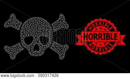 Mesh Polygonal Death Skull On A Black Background, And Horrible Corroded Ribbon Stamp. Red Stamp Seal