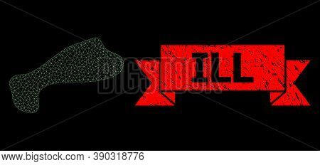 Mesh Polygonal Spot On A Black Background, And Ill Corroded Ribbon Stamp. Red Stamp Seal Contains Il