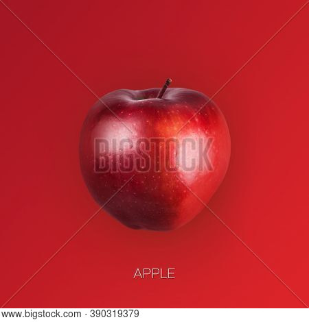 Whole Ripe Apple Fruit Isolated On Red Background. Closeup Image Of Whole Applefruit. Square Shot. H