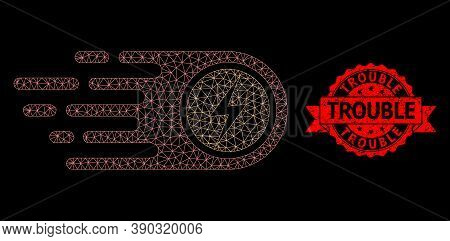 Mesh Polygonal Electrical Power On A Black Background, And Trouble Grunge Ribbon Seal Imitation. Red