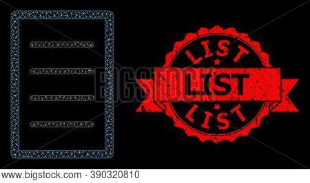 Mesh Net Text Page On A Black Background, And List Rubber Ribbon Stamp Seal. Red Stamp Seal Includes