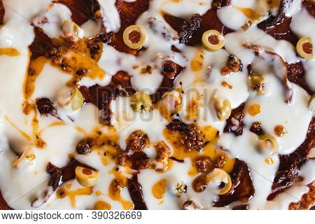 Healthy Plant-based Food Recipes Concept, Vegan Pizza With Cashew Cheese Sundried Tomatoes And Olive