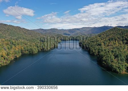 Aerial View Of Lake Santeetlah, North Carolina And Surrounding National Forests In Autumn Color.