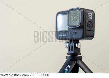 Michigan, Usa - Oct 11, 2020: New Gopro Hero 9 Black Action Camera On Tripod