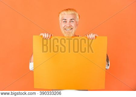 Man Holding Empty Sheet Of A Paper. Man Holding Blank Card. Man Show Clear Paper. Sheet Template