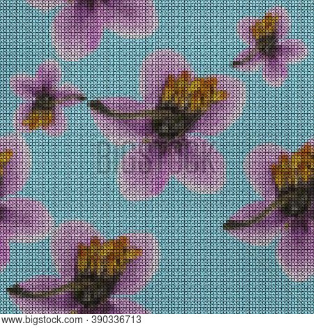 Illustration. Cross-stitch. Pyrola Flowers. Texture Of Flowers. Seamless Pattern For Continuous Repl