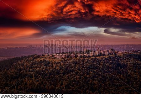 Aerial View Of Burnaby Mountain During A Vibrant Sunset. Taken In Greater Vancouver, British Columbi