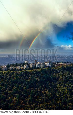 Aerial View Of Burnaby Mountain. Colorful Rainbow Artistic Render. Taken In Greater Vancouver, Briti