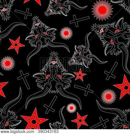 Baphomet Demon Pattern Seamless. Satanic Background. Satan With Goat Head Ornament. Devil Symbol Pen