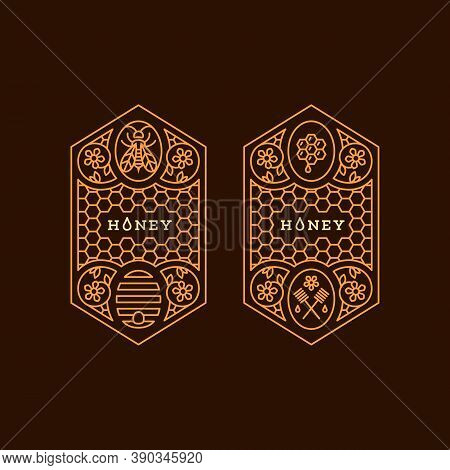 Labels Design Tamplate In Trendy Linear Style For Honey Packaging Witn Floral Ornament, Bee And Hone