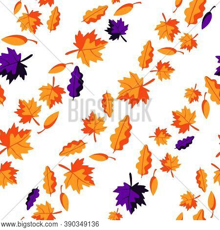 Halloween Autumn Theme Seamless Pattern - Orange And Dark Puple Fall Leaves On White Background, Scr