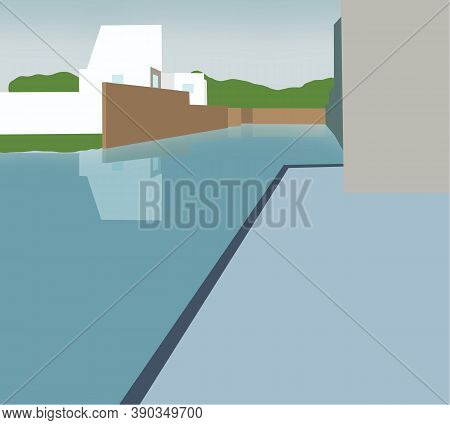 Flood Natural Disaster With House, Damage With Home, Flooding Water In City. Building In Town Underw