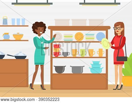 People Shopping In Tableware Store, Shop Assistant Helping Woman To Choose Kithchen Dishes Vector Il