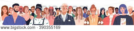 Portrait Of Diverse People Standing Together Vector Flat Illustration. Group Man And Woman Of Differ