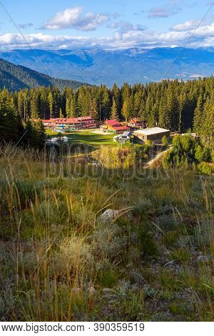 Bansko, Bulgaria Shiligarnika Autumn Ski Resort View With Hotel House, Mountains And Ski Lift