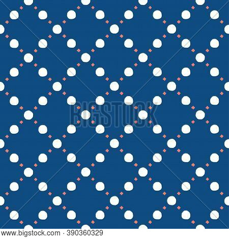 White circles and red stars on a blue background diamond pattern. Hand-drawn seamless vector small scale print.