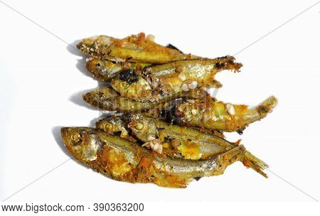 Cooked Indian Carplet Fish Or Mourala Fish Isolated On White Background