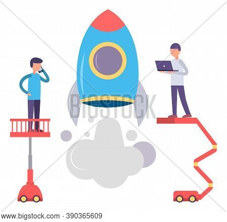 People Launch Rocket Into Space. Workers Examine Spaceship Before Takeoff. Shuttle Flying To Space F