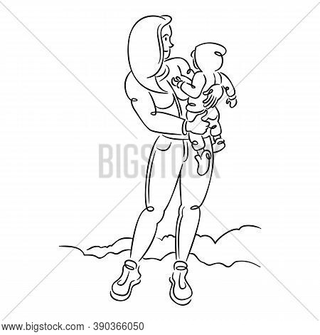Young Woman Mother With A Baby In Her Arms, Hugs And Motherhood. Continuous Single Line.flat Sketch 