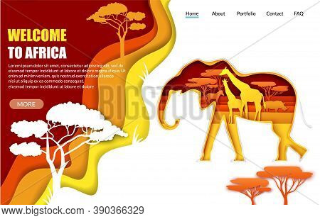 Welcome To Africa Vector Website Landing Page Template. Paper Cut Elephant Silhouette With African N