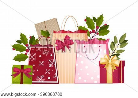 Christmas Winter Shopping Vector Illustration With Decorated Bags, Gift Boxes, Bows, Holly. X-mas Ho