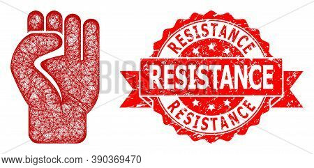 Wire Frame Clenched Fist Icon, And Resistance Scratched Ribbon Seal Imitation. Red Seal Has Resistan