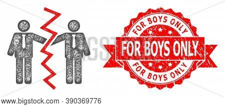 Wire Frame Businessmen Divorce Icon, And For Boys Only Textured Ribbon Stamp Seal. Red Stamp Seal In