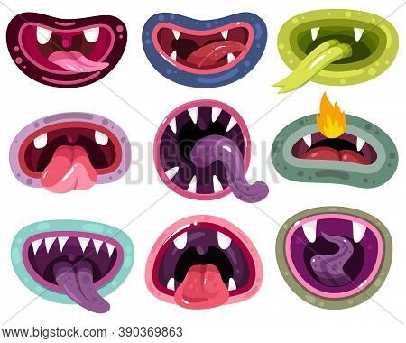 Monster Mouth. Funny Jaws, Laugh Bizarre Creatures. Maw, Tongue And Smile Mutant Character Mouths Wi