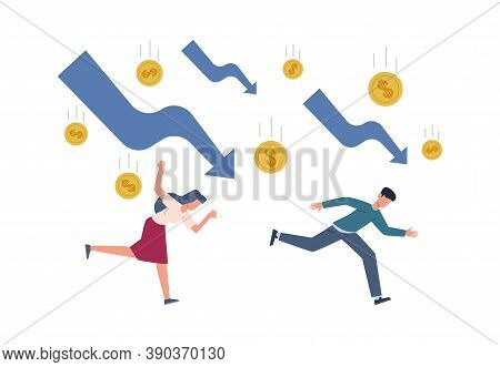 Finance Crisis Concept. Running Depressed People Falling Arrows And Gold Coins, Global Economic Mone