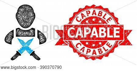 Network Butchery Worker Icon, And Capable Dirty Ribbon Stamp. Red Stamp Seal Has Capable Title Insid