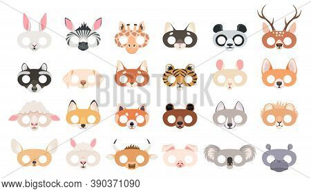 Animal Mask Set. Photo Booth Props Of Beasts Face Masks, Wild Zoo And Domestic Animals Head For Part