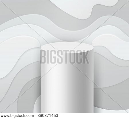 White Podium. Abstract Geometric Cylinder Shape Paper And Textured Wavy Layer Background, Geometric 