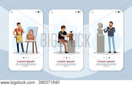 Hobby Persons. Achievement Career Concept For Mobile Web Page, Smartphone Screen App. Men Draws Pict