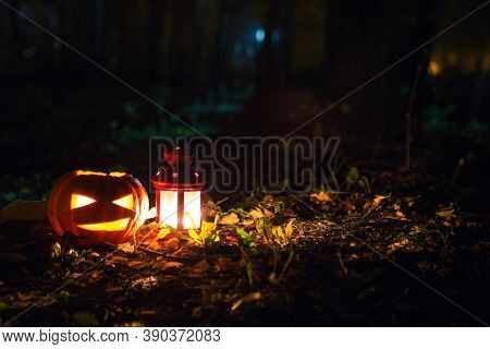 Pumpkin Lights With Candles On The Ground In A Park In The Light Of The Moon. Jack Olantern