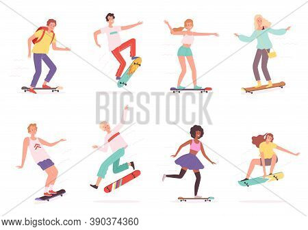 Urban Skateboarders. Outdoor Characters Riders In Action Poses Jumping Skaters Vector Skateboard. Sk