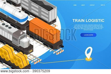 Railroad Transportation Concept With Different Types Of Rail Freight Wagons. 3d Isometric Vector Ill